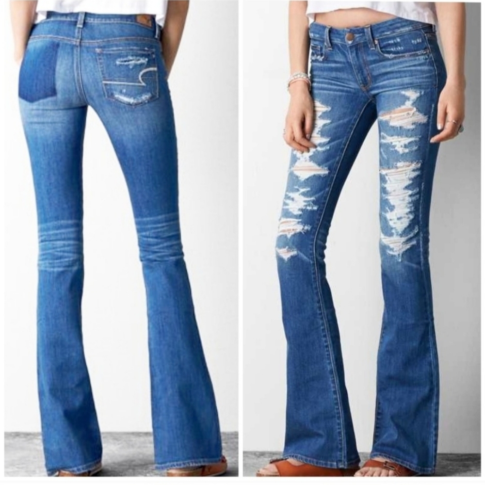 American Eagle AEO Boho Artist Distressed Destroyed Flare Denim Jeans 8 - Picture 3 of 15